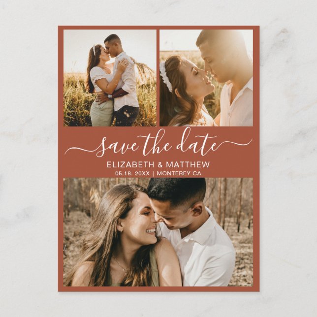Boho Terracotta Fotokollage Spara datumet Meddelande Vykort (Framsida)
