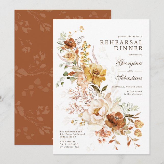 Boho Terracotta Gult Flower Rehearsal Dinner Inbjudningar (Fram/baksida)