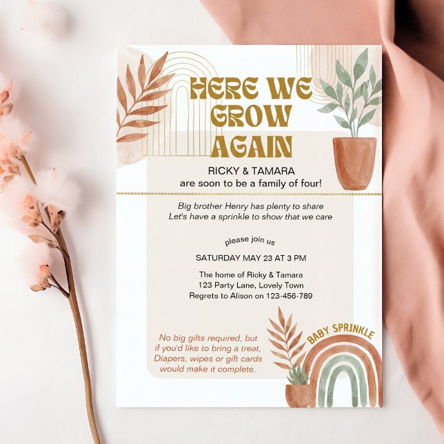 Boho Terracotta Here We Grow Again Baby Sprinkle Inbjudningar (Boho gender neutral baby sprinkle invitation by Darling & May)