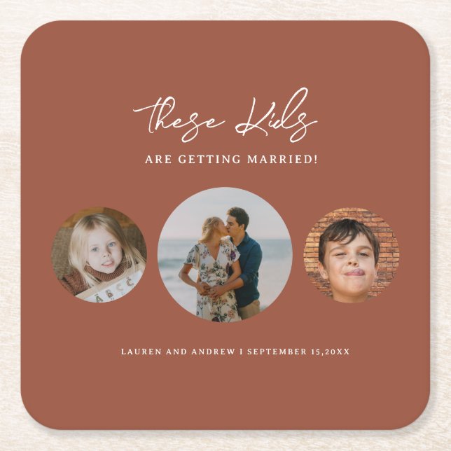 Boho Terracotta Kids Photo Bröllop spara datum Underlägg Papper Kvadrat (Framsidan)