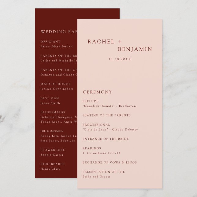 Boho Terracotta Minimal Bröllop Ceremony Modern (Fram/baksida)