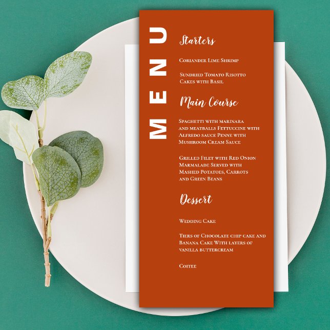 Boho Terracotta Minimalist Bröllop Menu Card Meny (Elegant Minimalist Terracotta Wedding Party Menu)