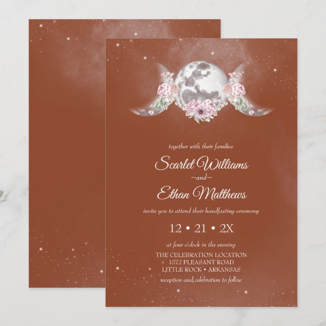 Boho Terracotta Mystical Måne Phases Handfasteing Inbjudningar (Fram/baksida)