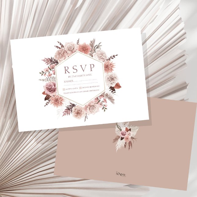 Boho Terracotta Neutralt Blommigt Utandning Bröllo OSA Kort (Boho Dusty Pink Dried Flowers Wreath Wedding RSVP Card)