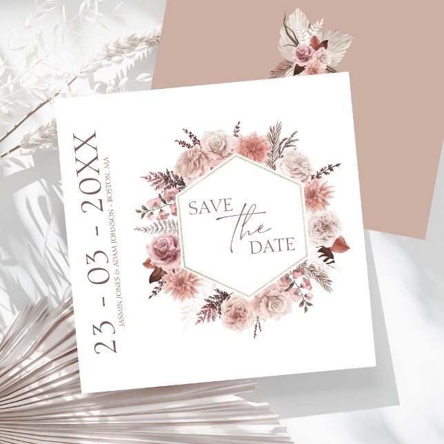 Boho Terracotta Neutralt Blommigt Utandning Bröllo Spara Datumet (Boho Dusty Pink Dried Flowers Wreath Wedding Save The Date)
