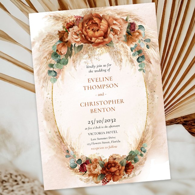 Boho Terracotta och burgundblommor pampasgräs Inbjudningar (Trendy terracotta copper and burgundy flowers mixed eucalyptus greenery wedding invitation)