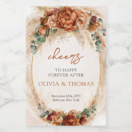 Boho Terracotta och burgundblommor pampasgräs Vinetikett