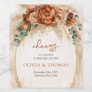 Boho Terracotta och burgundblommor pampasgräs Vinflaska Etikett