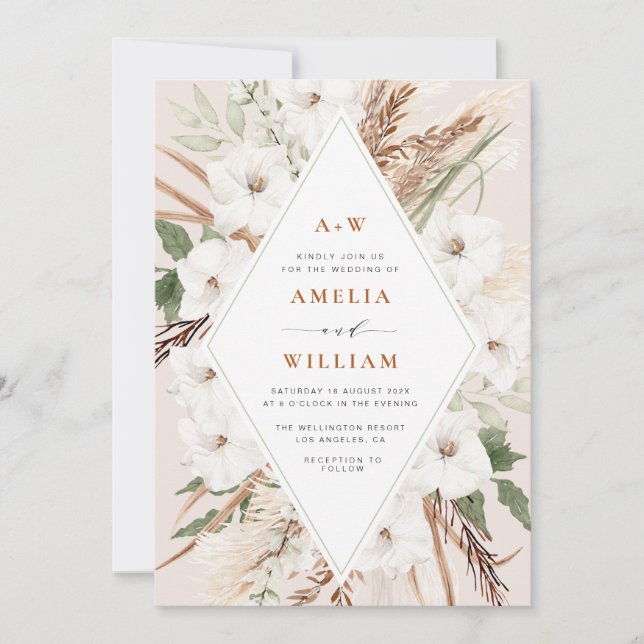 boho terracotta och pampasgräs bröllop inbjudningar (Framsida)
