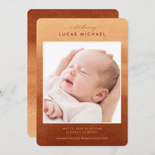 Boho Terracotta Ombre Photo Birth Notice Inbjudningar (Fram/baksida)