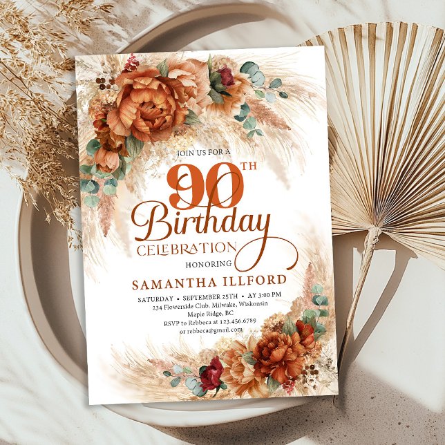 Boho terracotta pampas grass 90th Birthday invite Inbjudningar (Boho terracotta pampas grass 90th Birthday invite)