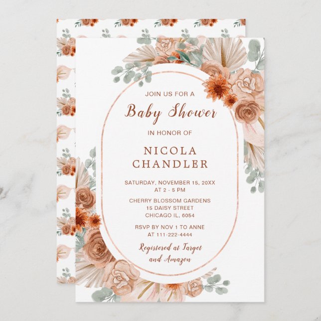 Boho Terracotta Pampas Grass Baby Shower Inbjudningar (Fram/baksida)