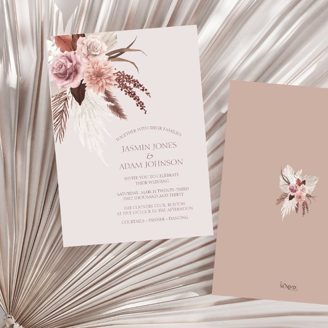 Boho Terracotta Pampas Grass Blommigt Bröllop Inbjudningar (Boho Dusty Pink Dried Flowers Pampas Grass Wedding Invitation)
