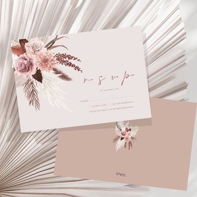 Boho Terracotta Pampas Grass Blommigt Bröllop OSA Kort (Boho Dusty Pink Dried Flowers Pampas Grass Wedding RSVP Card)