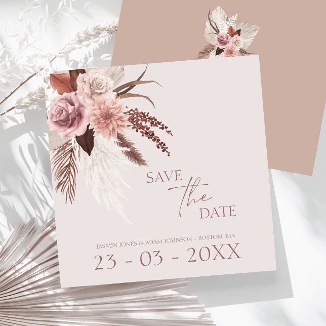 Boho Terracotta Pampas Grass Blommigt Bröllop Spara Datumet (Boho Dusty Pink Dried Flowers Pampas Grass Wedding Save The Date)