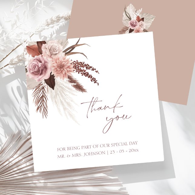 Boho Terracotta Pampas Grass Blommigt Bröllop Tack Kort (Boho Dusty Pink Dried Flowers Pampas Grass Wedding Thank You Card)