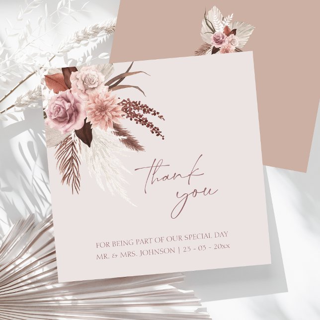 Boho Terracotta Pampas Grass Blommigt Bröllop Tack Kort (Boho Dusty Pink Dried Flowers Pampas Grass Wedding Thank You Card)