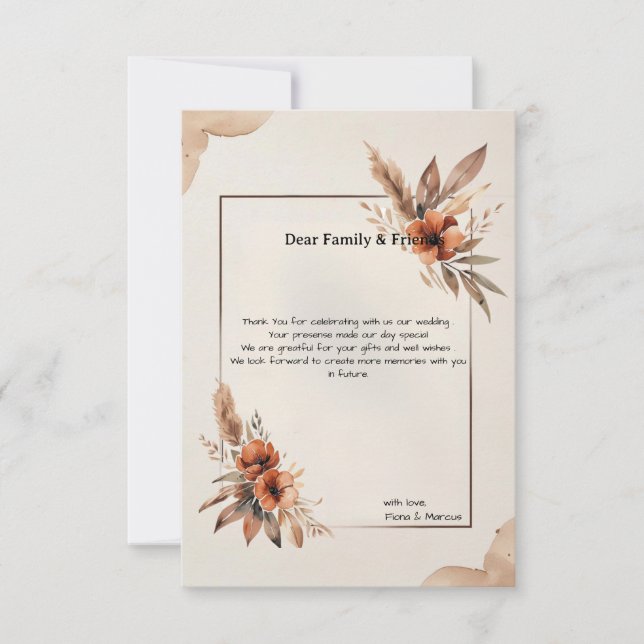 Boho Terracotta Pampas Grass & Blommigt Bröllop Tack Kort (Framsida)