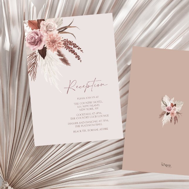 Boho Terracotta Pampas Grass Blommigt Bröllop Tilläggskort (Boho Dusty Pink Dried Flowers Wedding Reception Enclosure Card)