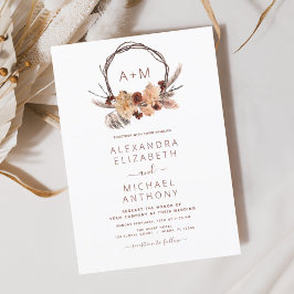 Boho Terracotta Pampas Grass Monogram Bröllop Invi Inbjudningar