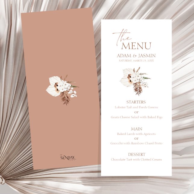 Boho Terracotta Pampas Grass Orchid Bröllop Menu Meny (Boho Terracotta Brown Pampas Grass Floral Wedding Menu)