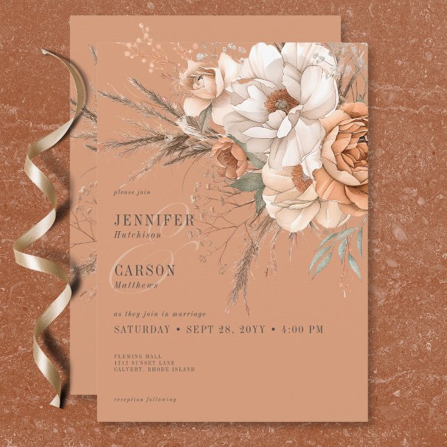 Boho Terracotta Peach & Cream Blommigt Bröllop Inbjudningar (Boho Terracotta Peach & Cream Floral Wedding Invitation)