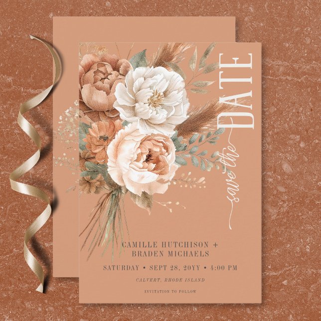 Boho Terracotta Peach & Cream Blommigt Bröllop Spara Datumet (Boho Terracotta Peach & Cream Floral Wedding Save The Date)