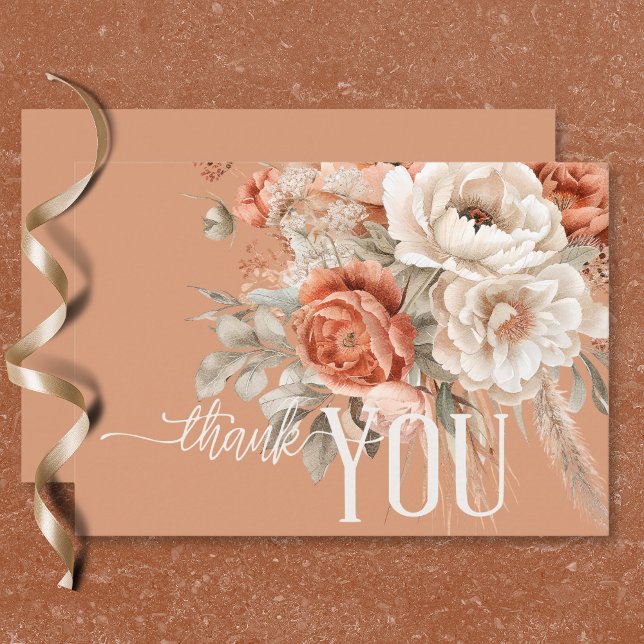 Boho Terracotta Peach & Cream Blommigt Bröllop Tack Kort (Boho Terracotta Peach & Cream Floral Wedding Thank You Card)