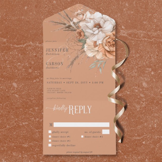 Boho Terracotta Peach & Cream Blommigt Dinner (Boho Terracotta Peach & Cream Floral Dinner All In One Invitation)