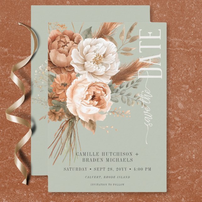 Boho Terracotta Peach & Cream Blommigt Grönt Bröll Spara Datumet (Boho Terracotta Peach & Cream Floral Green Wedding Save The Date)