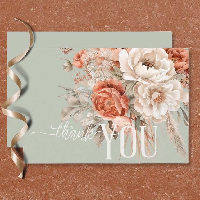Boho Terracotta Peach & Cream Blommigt Grönt Bröll Tack Kort (Boho Terracotta Peach & Cream Floral Green Wedding Thank You Card)