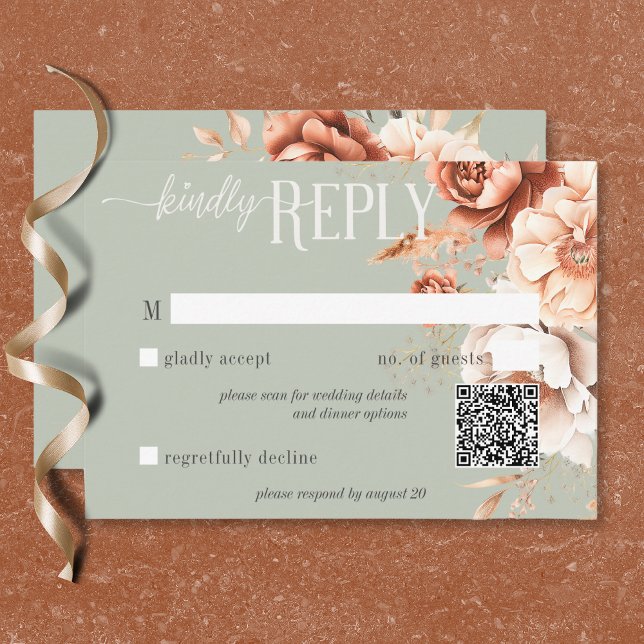 Boho Terracotta Peach Cream Blommigt Grönt QR-kod OSA Kort (Boho Terracotta Peach Cream Floral Green QR Code RSVP Card)