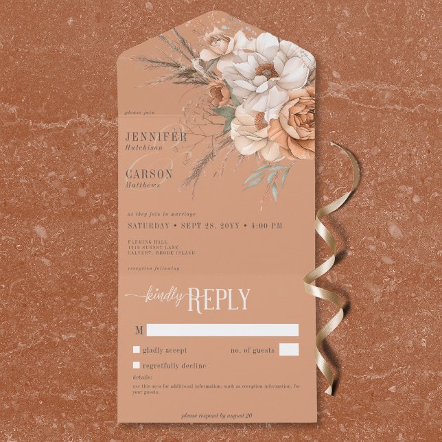 Boho Terracotta Peach Cream Blommigt No Middag (Boho Terracotta Peach Cream Floral No Dinner All In One Invitation)
