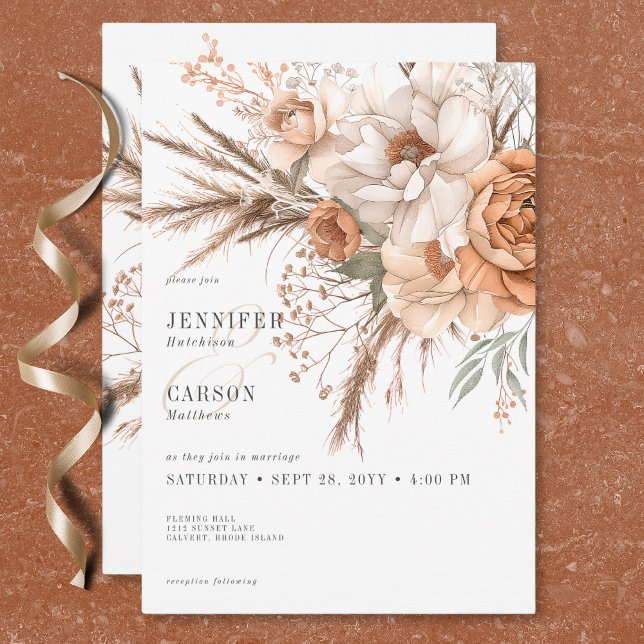 Boho Terracotta Peach & Cream Blommigt White Bröll Inbjudningar (Boho Terracotta Peach & Cream Floral White Wedding Invitation)