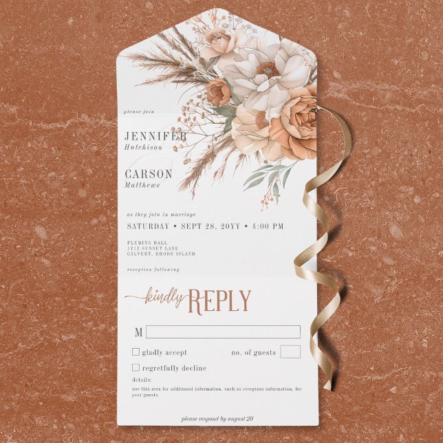 Boho Terracotta Peach Cream Blommigt White No Midd (Boho Terracotta Peach Cream Floral White No Dinner All In One Invitation)