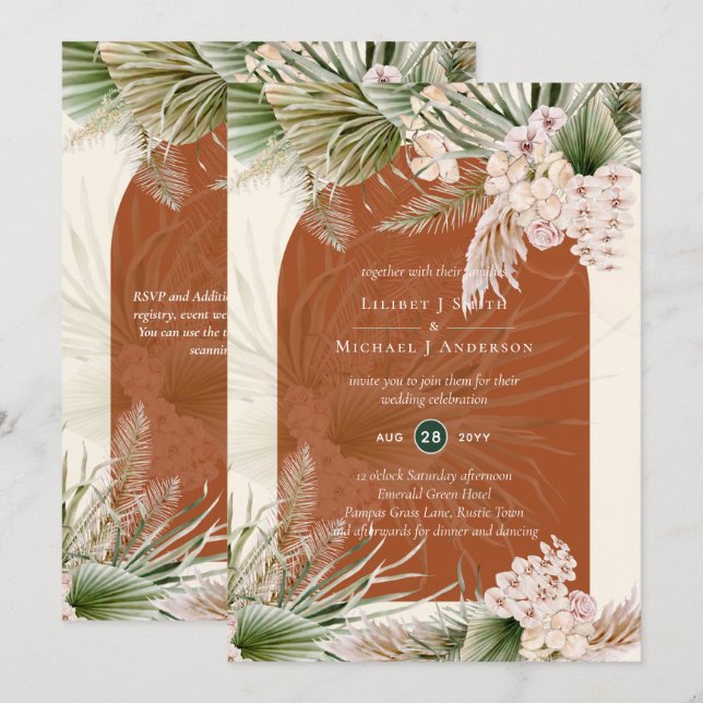 BOHO Terracotta Peach Pampas Grass Bröllop Inbjudningar (Fram/baksida)