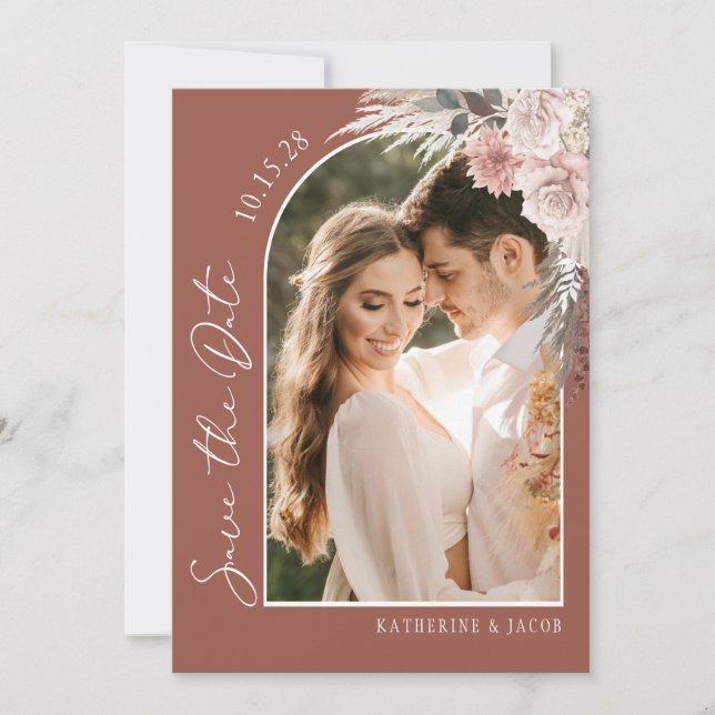Boho Terracotta Photo Bröllop Spara Datumet (Framsida)