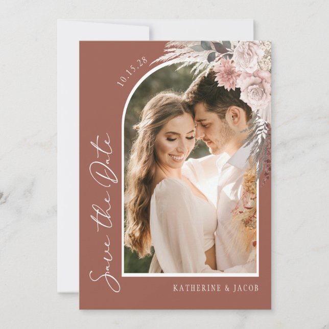 Boho Terracotta Photo Bröllop Spara Datumet (Framsida)