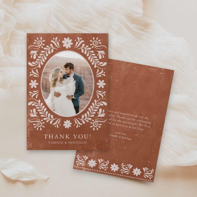 Boho Terracotta Photo tackto you Card Tack Kort (Boho Terracotta Hand Drawn floral Wedding Photo Thank you Card)