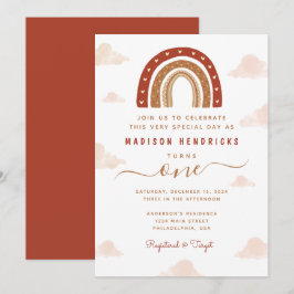 Boho Terracotta Rainbow Clouds 1:a födelsedagen Inbjudningar