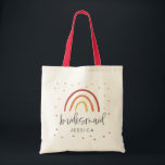 Boho Terracotta Rainbow Hand Lettered Bridesmaid Tygkasse<br><div class="desc">Boho Terracotta Rainbow Hand lät Bridesmaid Tote Bag i jordade muterade ro-jordtoner av orange och gult av maronrost med konetti sprinkle polka dots och varmton regnbåge mönster. Anpassa det här! Om du vill ändra layouten skriver du in texten och väljer sedan "anpassa" för att redigera sak som teckensnitt storlekt &...</div>