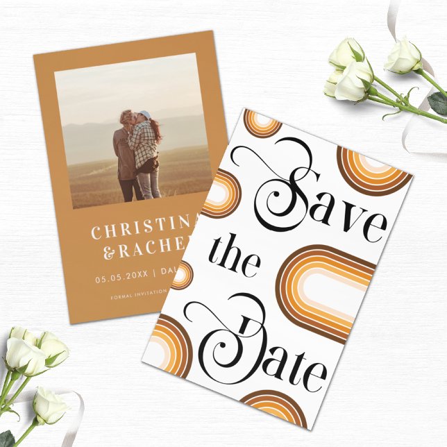 Boho Terracotta Rainbow Retro Script Photo Bröllop Spara Datumet (Skapare uppladdad)