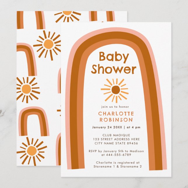 Boho Terracotta Rainbow Sol Baby Shower Inbjudningar (Fram/baksida)