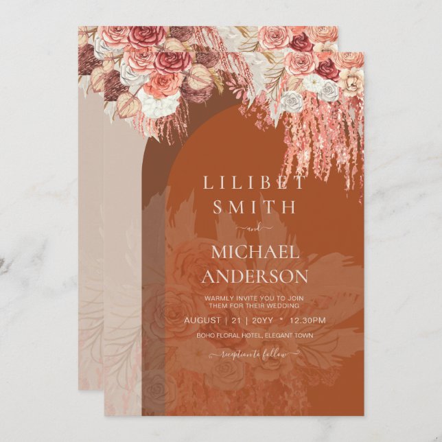 Boho Terracotta Ro Pampas Grass Blommigt Bröllop (Fram/baksida)