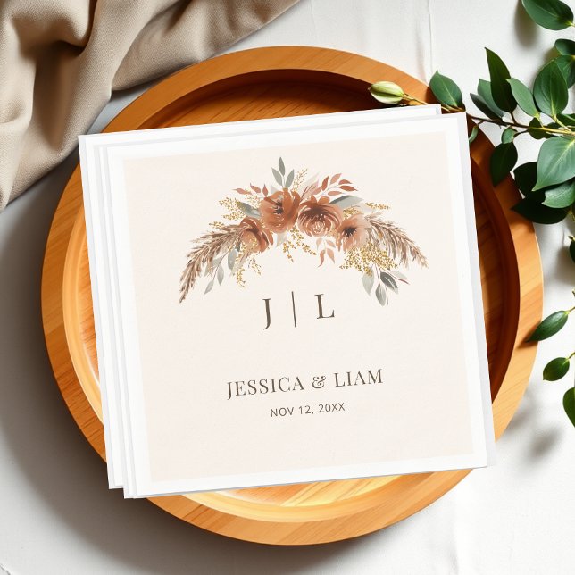 Boho Terracotta Rust Fall Blommigt Bröllop Pappersservett (Terracotta Boho Rust Fall Floral Wedding Napkins)