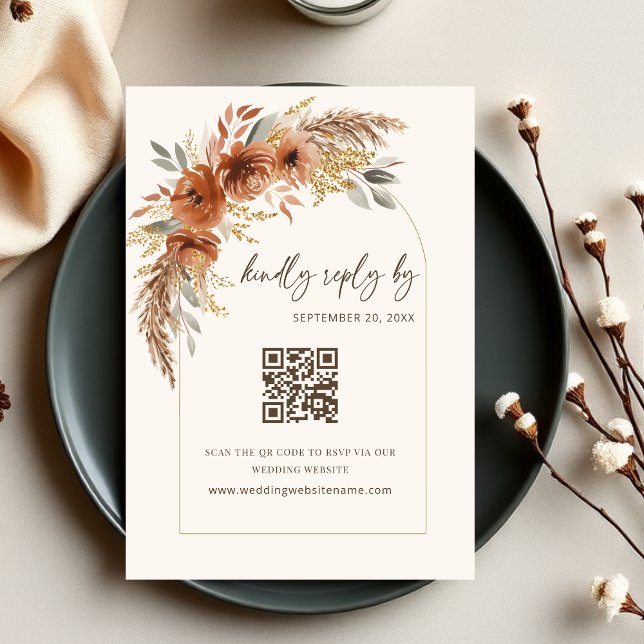 Boho Terracotta Rust Fall Blommigt Bröllop QR-kod OSA Kort (Elegant Terracotta Rust Fall Floral Wedding RSVP Card with QR Code)