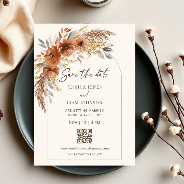 Boho Terracotta Rust Fall Blommigt Bröllop QR-kod Spara Datumet (Modern Elegant Boho Terracotta Rust Fall Floral Wedding Save the Date)