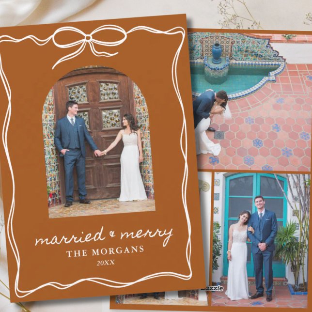 Boho Terracotta Rustic Married & Merry 4 Photo Julkort (Boho Terracotta Rustic Married & Merry 4 Photo Holiday Card
)
