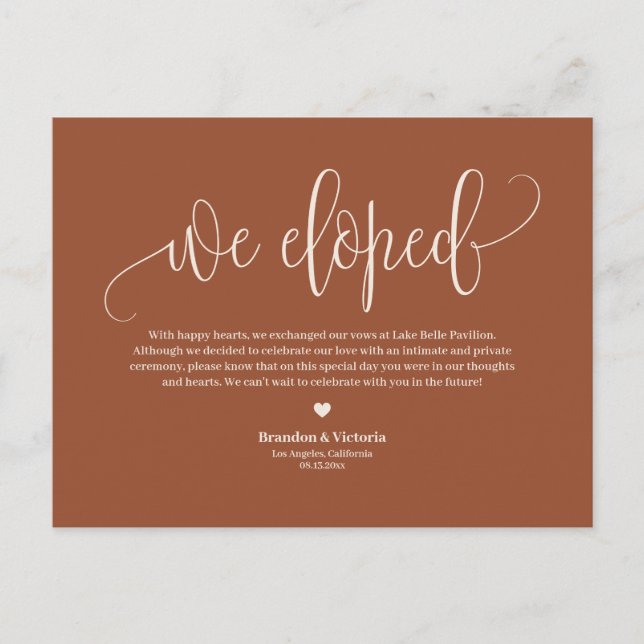 Boho Terracotta Söt Script Bröllop Elopement Meddelande Vykort (Framsida)