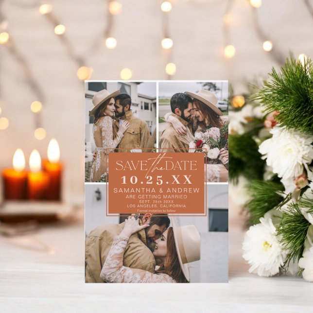 Boho terracotta sparar datumet 3 för fotosamlingar spara datumet (Boho terracotta save the date 3 photo grid collage)